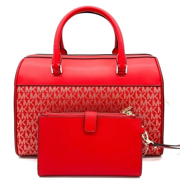 Michael Kors Medium Duffle Satchel Crossbody Bag & Large Double Zip Wallet Red - Picture 5 of 15